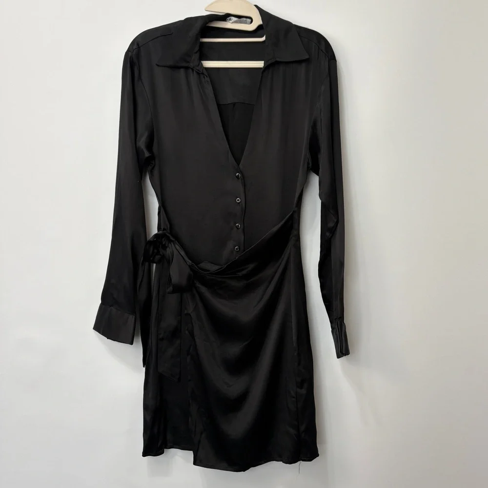 Zara Black Satin Long Sleeve Wrap Collared Short‎ Dress Size XS